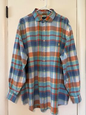 Polo Ralph Lauren Mens BIG Blue/Orange Madras Plaid Button-Front Shirt 2XB Logo